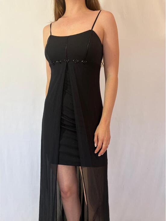 Blondie Nites Dresses & Skirts - Vintage Blondie Nites Black Rosette Mesh Overlay High Low Evening Gown